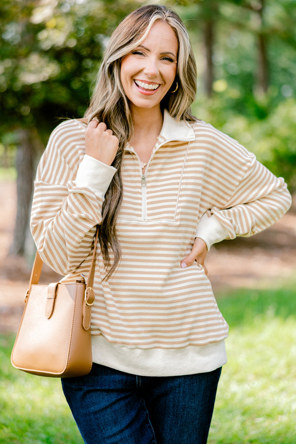Chic Soul plus size clothing, tan and cream horizontal striped 1/4 zip pullover with a collar 
