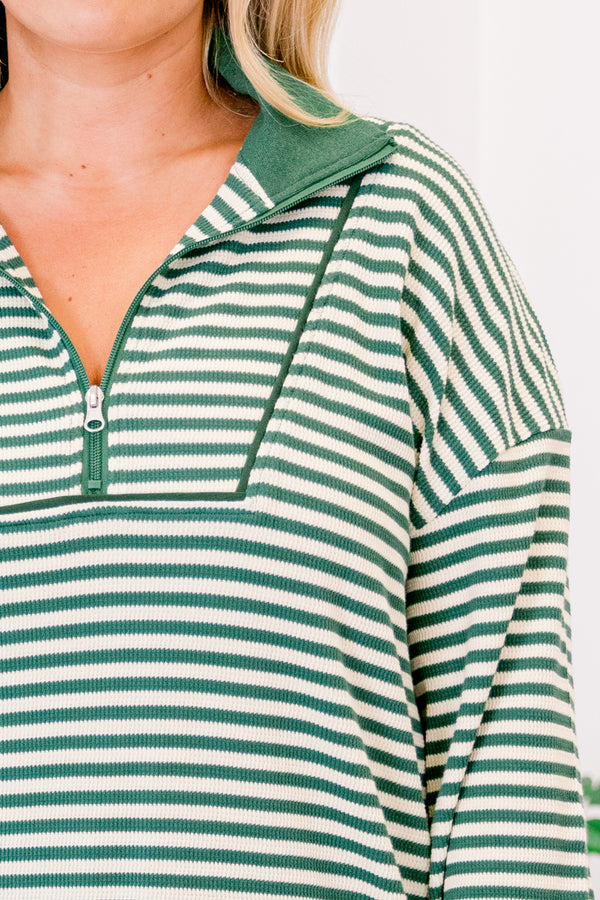 Chic Soul plus size clothing, green and white striped pullover with 1/4 zipper and collar