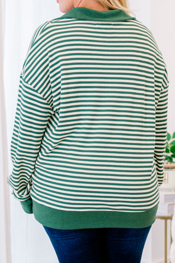 Chic Soul plus size clothing, green and white striped pullover with 1/4 zipper and collar