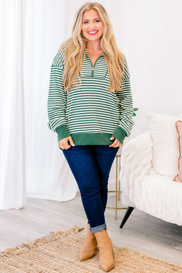 Chic Soul plus size clothing, green and white striped pullover with 1/4 zipper and collar