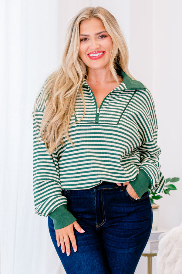 Chic Soul plus size clothing, green and white striped pullover with 1/4 zipper and collar