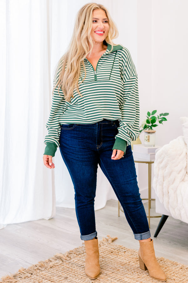Chic Soul plus size clothing, green and white striped pullover with 1/4 zipper and collar