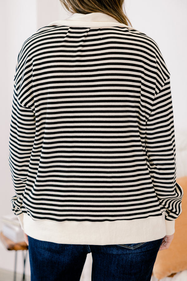 Chic Soul plus size clothing, black and ivory stripes quarter zip long sleeve pullover with a collar
