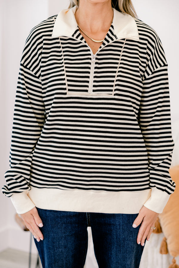 Chic Soul plus size clothing, black and ivory stripes quarter zip long sleeve pullover with a collar
