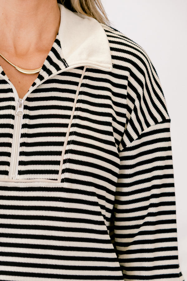 Chic Soul plus size clothing, black and ivory stripes quarter zip long sleeve pullover with a collar
