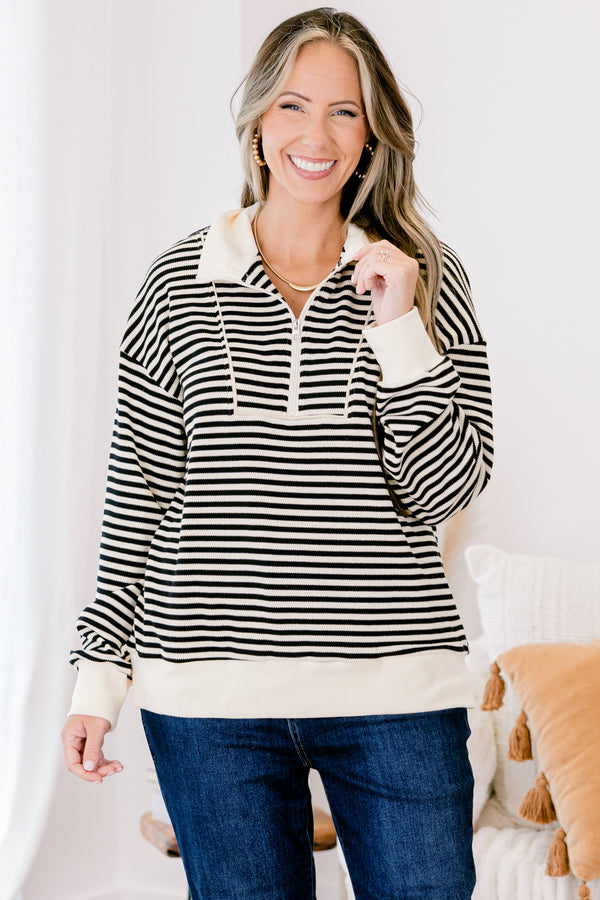 Chic Soul plus size clothing, black and ivory stripes quarter zip long sleeve pullover with a collar
