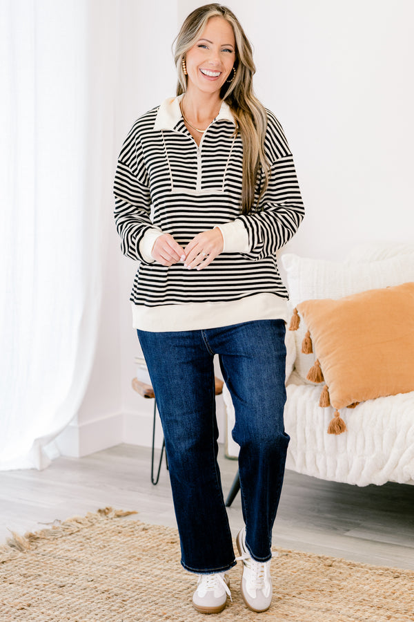 Chic Soul plus size clothing, black and ivory stripes quarter zip long sleeve pullover with a collar
