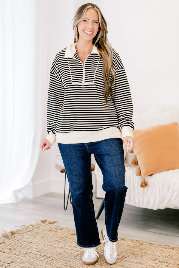 Chic Soul plus size clothing, black and ivory stripes quarter zip long sleeve pullover with a collar
