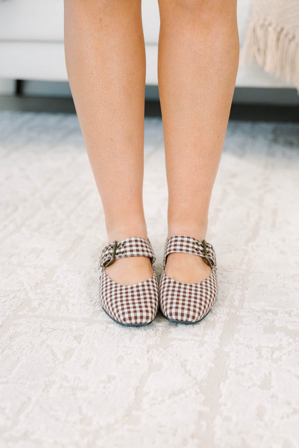 Brown gingham Mary Jane flats with a buckle strap