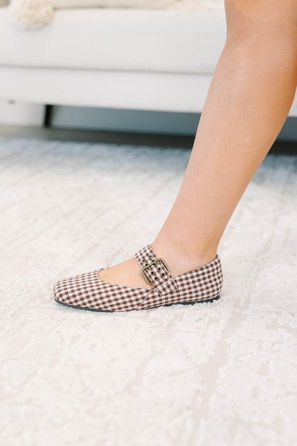 Brown gingham Mary Jane flats with a buckle strap