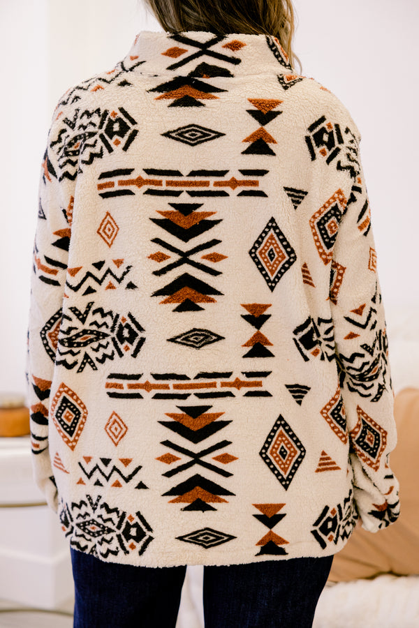 Chic Soul plus size clothing, cream quarter zip fuzzy pullover with brown and black aztec print 