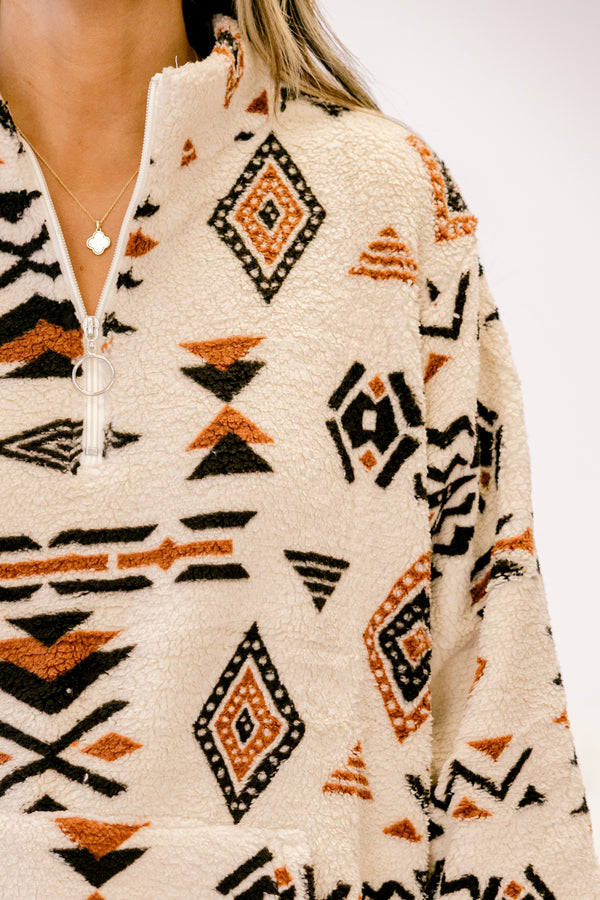 Chic Soul plus size clothing, cream quarter zip fuzzy pullover with brown and black aztec print 