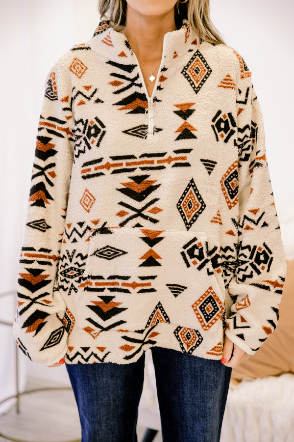 Chic Soul plus size clothing, cream quarter zip fuzzy pullover with brown and black aztec print 