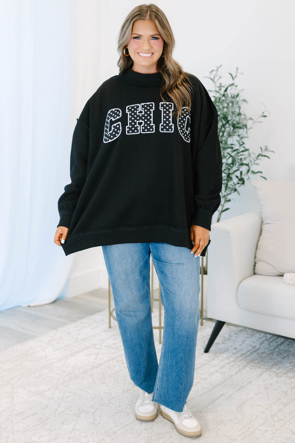 Plus Size black mock neck pullover with white polka dot 