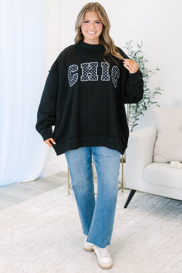 Plus Size black mock neck pullover with white polka dot 