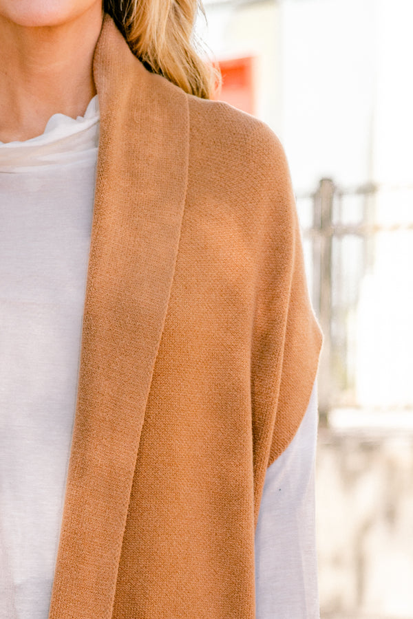 Chic Soul plus size clothing, brown short sleeve cardigan that is below the knee length 
