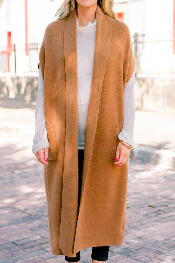 Chic Soul plus size clothing, brown short sleeve cardigan that is below the knee length 
