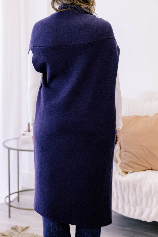 Chic Soul plus size clothing, navy midi length sleeveless cardigan duster with 2 front lower pockets 
