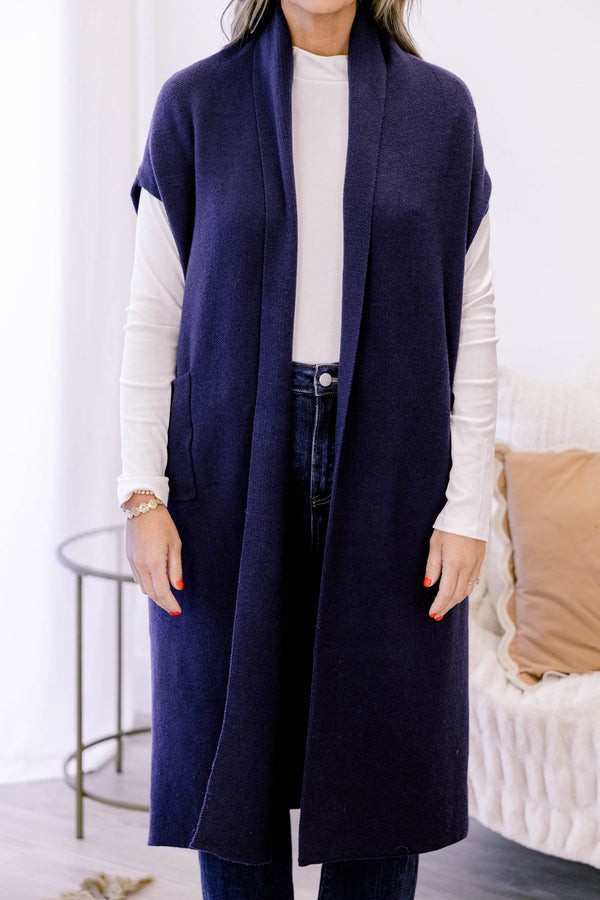 Chic Soul plus size clothing, navy midi length sleeveless cardigan duster with 2 front lower pockets 
