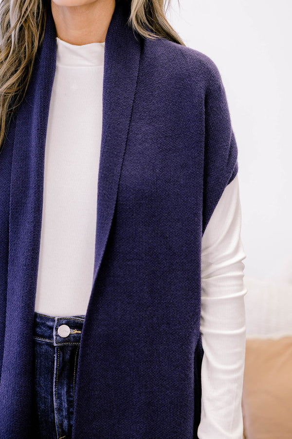 Chic Soul plus size clothing, navy midi length sleeveless cardigan duster with 2 front lower pockets 
