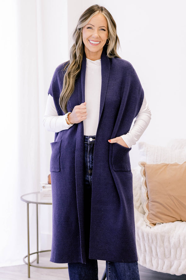 Chic Soul plus size clothing, navy midi length sleeveless cardigan duster with 2 front lower pockets 
