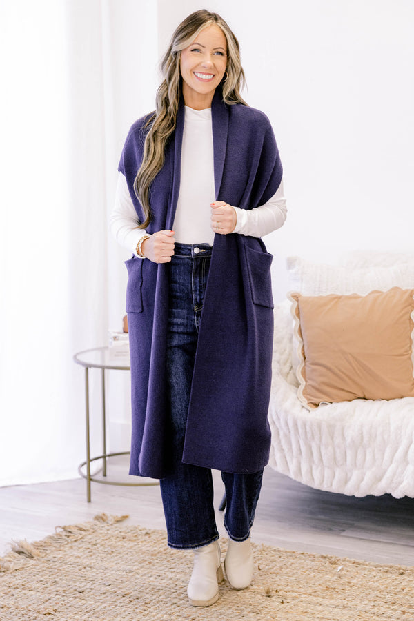 Chic Soul plus size clothing, navy midi length sleeveless cardigan duster with 2 front lower pockets 
