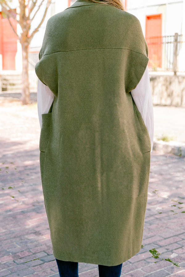 Chic Soul plus size clothing, olive sleeveless cardigan that it below the knee length 