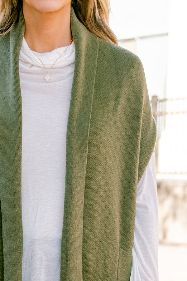 Chic Soul plus size clothing, olive sleeveless cardigan that it below the knee length 