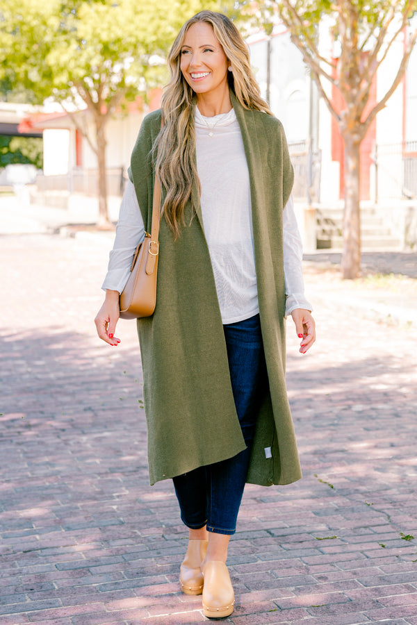 Chic Soul plus size clothing, olive sleeveless cardigan that it below the knee length 