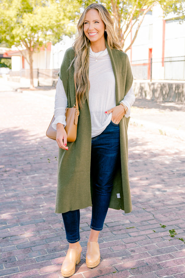 Chic Soul plus size clothing, olive sleeveless cardigan that it below the knee length 