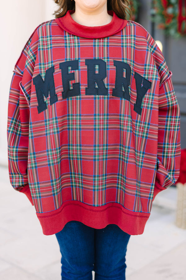 Plus Size red plaid mock neck pullover with black 