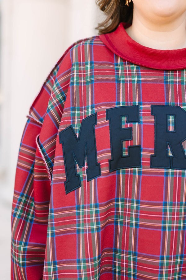 Plus Size red plaid mock neck pullover with black 