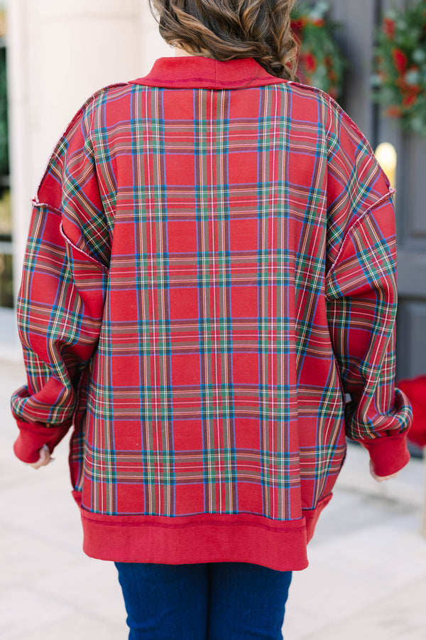 Plus Size red plaid mock neck pullover with black 