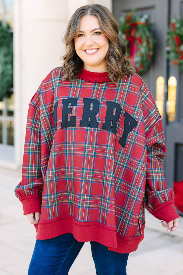 Plus Size red plaid mock neck pullover with black 