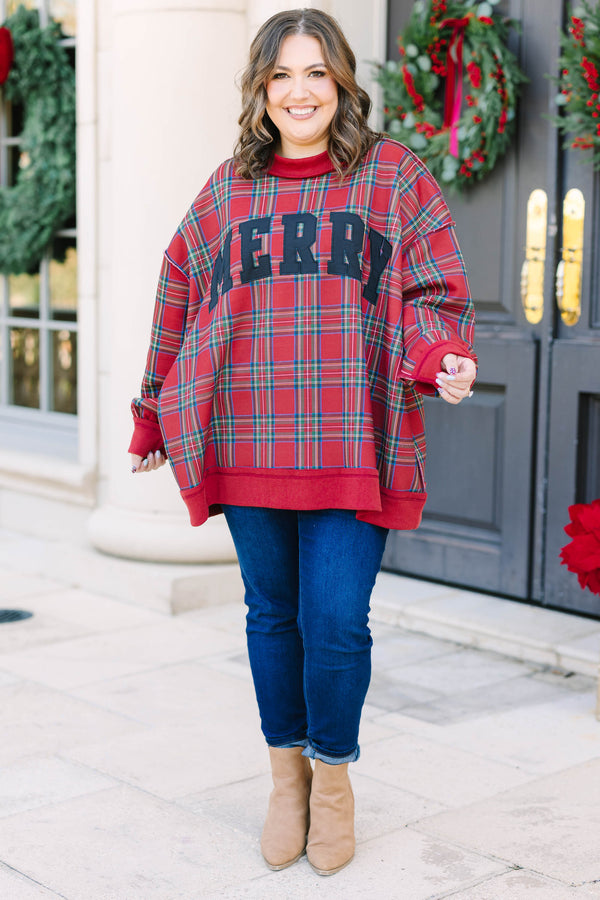 Plus Size red plaid mock neck pullover with black 