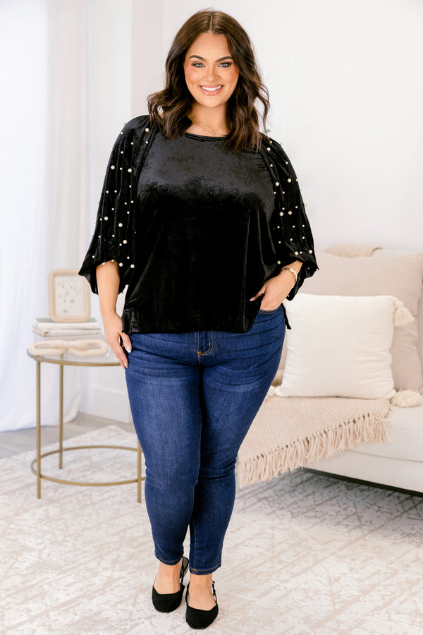 Chic Soul plus size clothing, black mid sleeve velour top with pearl detailing along both sleeves