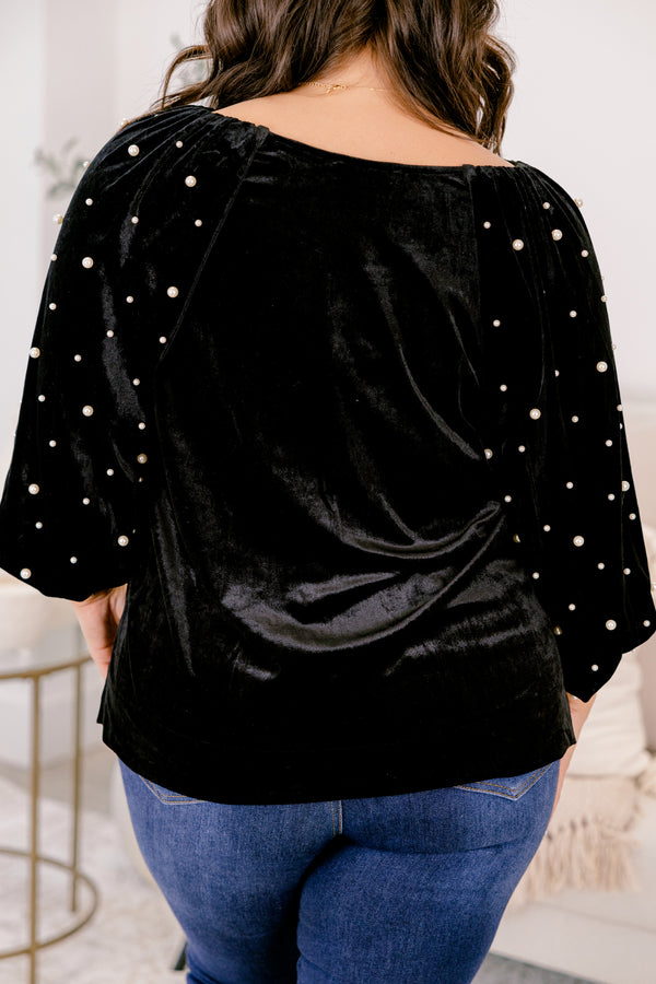 Chic Soul plus size clothing, black mid sleeve velour top with pearl detailing along both sleeves