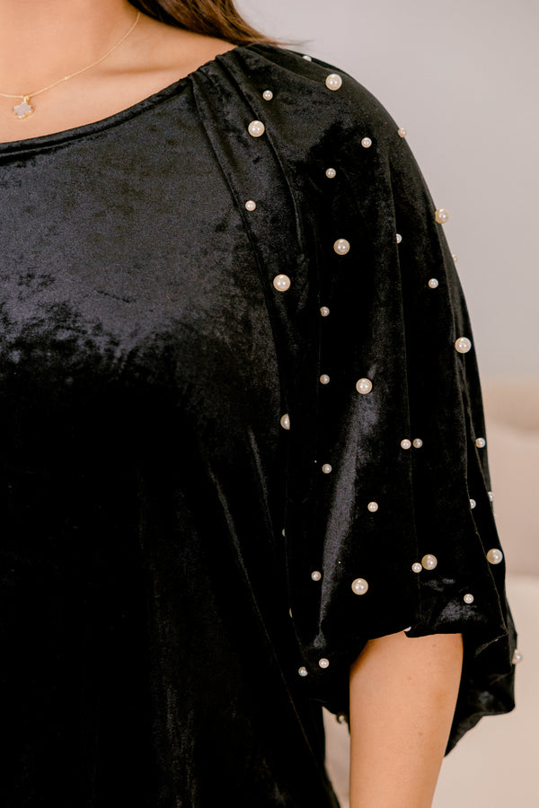 Chic Soul plus size clothing, black mid sleeve velour top with pearl detailing along both sleeves