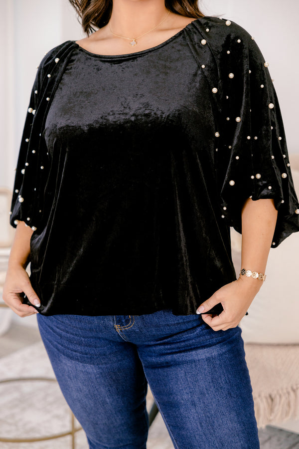 Chic Soul plus size clothing, black mid sleeve velour top with pearl detailing along both sleeves