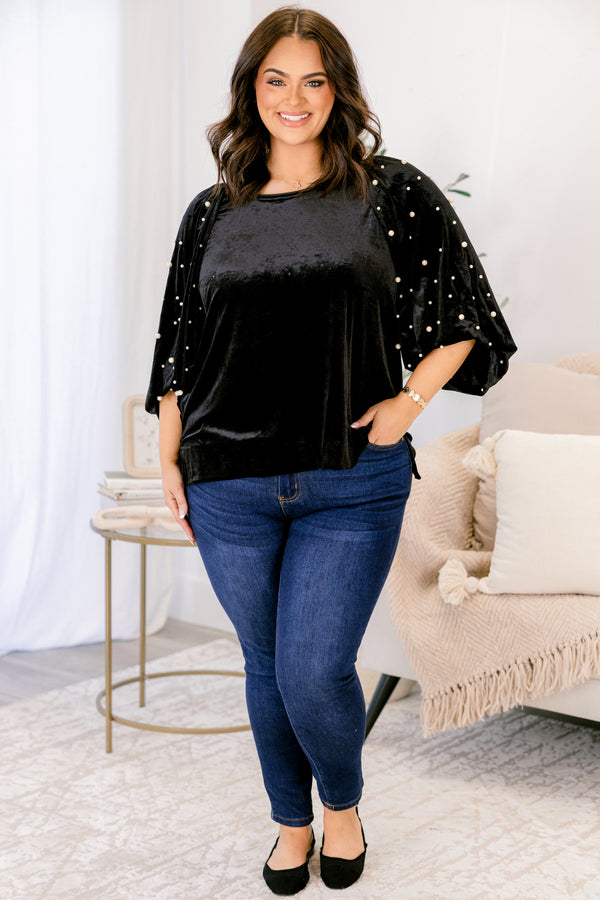 Chic Soul plus size clothing, black mid sleeve velour top with pearl detailing along both sleeves