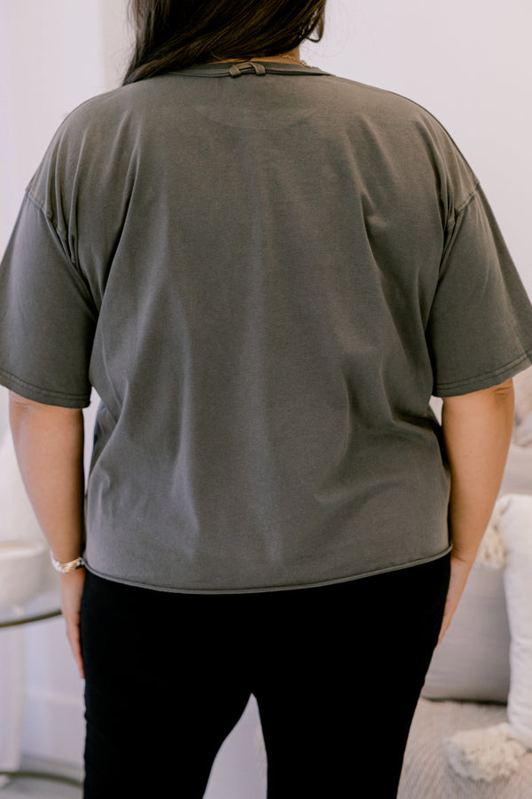 Chic Soul plus size clothing, charcoal grey short sleeve tee with 