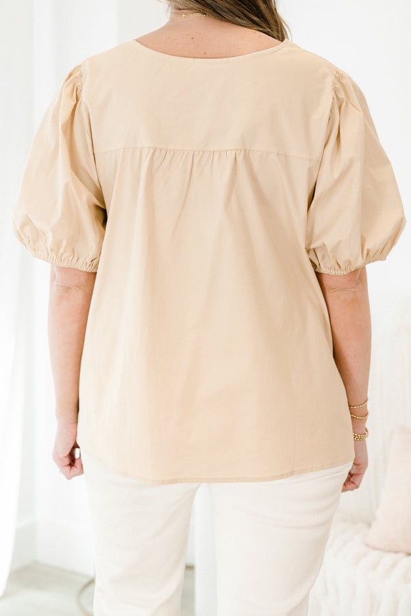 Chic Soul plus size clothing, short puff sleeve taupe top with black tie at the top