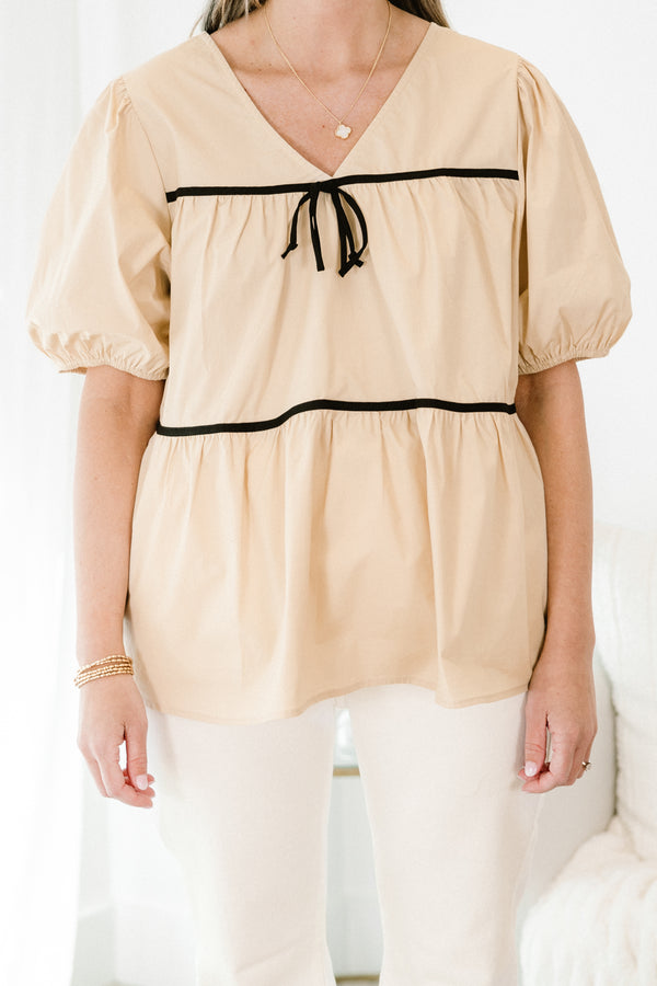 Chic Soul plus size clothing, short puff sleeve taupe top with black tie at the top
