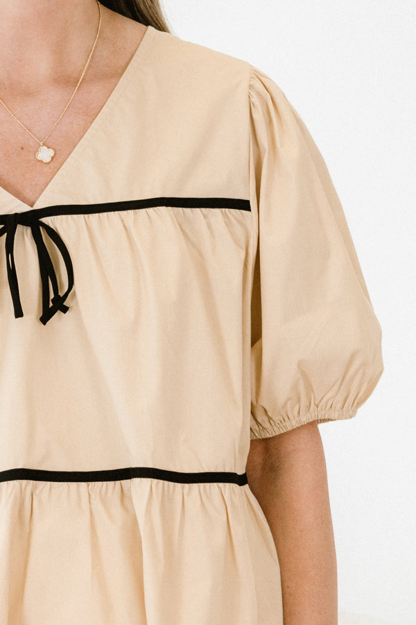 Chic Soul plus size clothing, short puff sleeve taupe top with black tie at the top