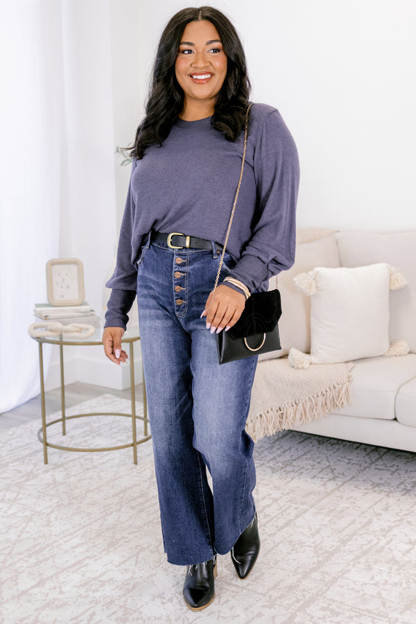 Chic Soul plus size clothing, slate blue long sleeve curved hem top
