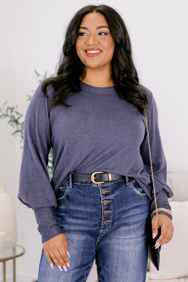 Chic Soul plus size clothing, slate blue long sleeve curved hem top
