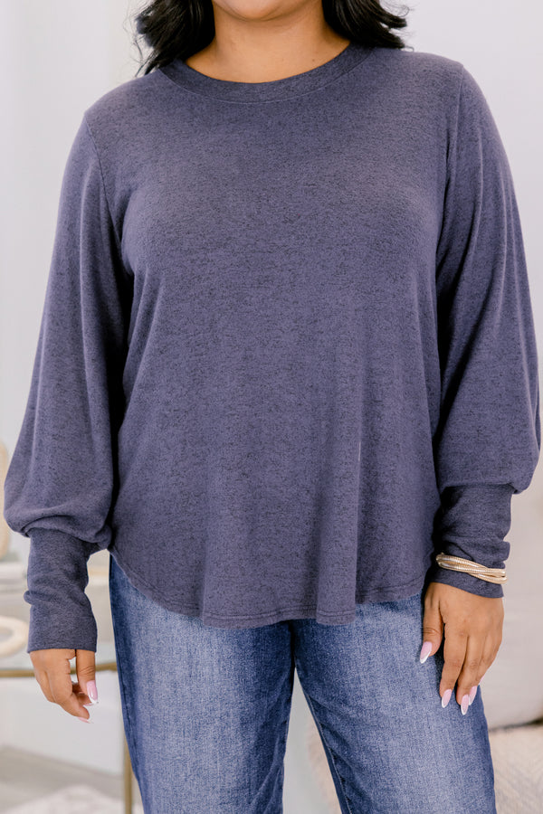 Chic Soul plus size clothing, slate blue long sleeve curved hem top
