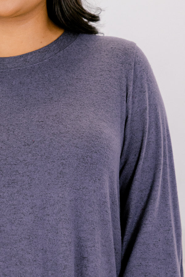 Chic Soul plus size clothing, slate blue long sleeve curved hem top
