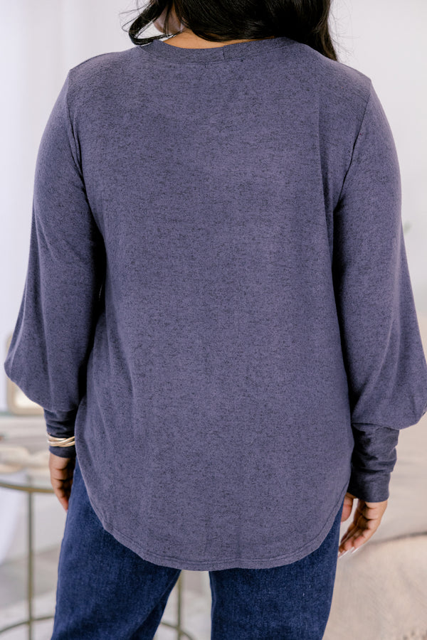 Chic Soul plus size clothing, slate blue long sleeve curved hem top
