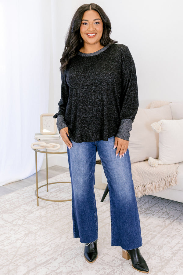 Chic Soul plus size clothing, heather black and grey long sleeve scoop neck top with dark grey trim around the neckline and dark grey cuffs on the sleeves